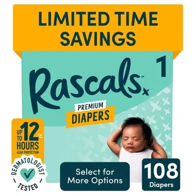 Rascals Premium Absorbent Baby Diapers Size 1, 108 Count