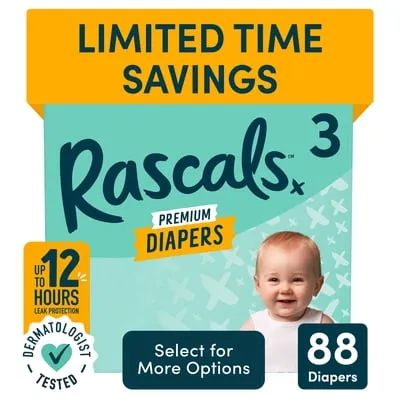 Rascals Premium Absorbent Baby Diapers Size 3, 88 Count