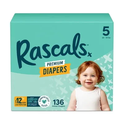 Rascals Premium Absorbent Baby Diapers Size 5, 136 Count