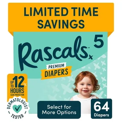 Rascals Premium Absorbent Baby Diapers Size 5, 64 Count