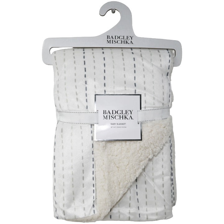 Badgley Mischka Blue Dash Lines On White Mink & Sherpa Baby Blanket Throw (30"x40")