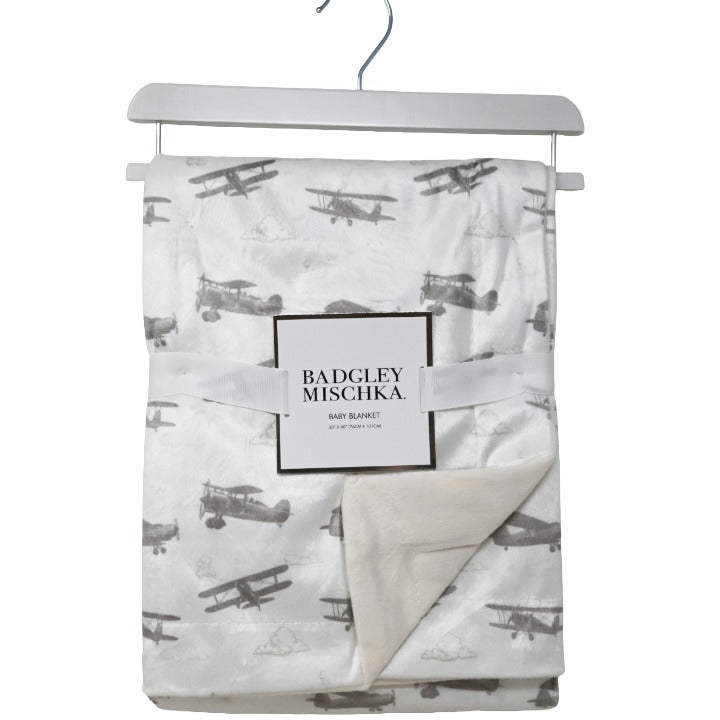 Badgley Mischka Mink Gray Airplanes Print & White On Reverse Baby Blanket Throw (30"x40")