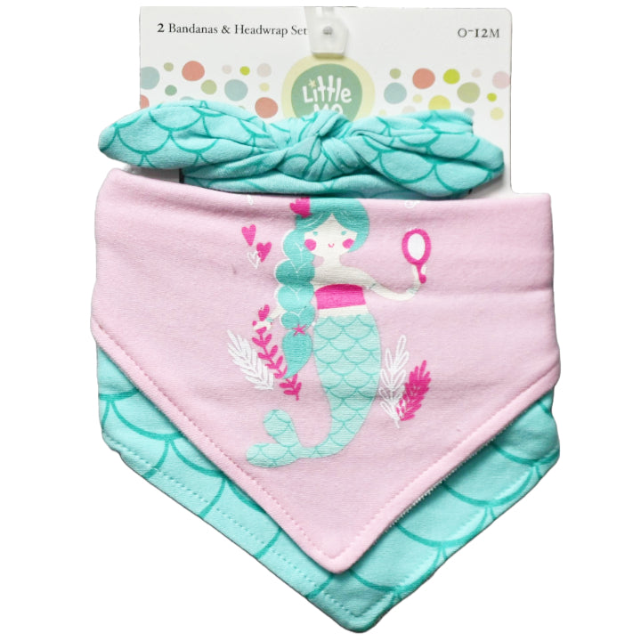 Little Me 2 Bandana Bibs and a Headwrap Set - Mermaid