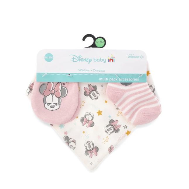 Disney Baby Minnie Mouse 3pc Accessory Set, Size 0-6M (Includes Bib, Socks & Mittens)