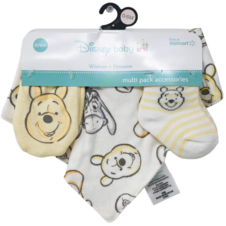 Disney Baby Winnie The Pooh and Friends 3pc Accessory Set, Size 0-6M (Includes Bib, Socks & Mittens)