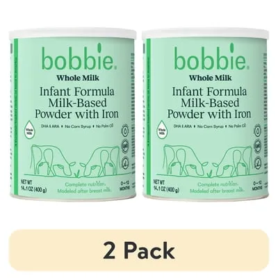 (2 pack) Bobbie Whole Milk Infant Formula for Everyday Feeding, Milk-Based Powder with 1.2mg Iron, Organic Grass-Fed Whole Milk Recipe, 14.1 oz Can