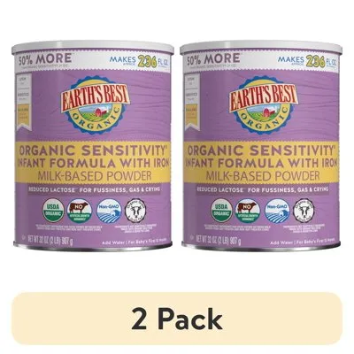(2 pack) Earth's Best Organic Sensitivity Powder Baby Formula with Iron DHA & ARA, 32 oz Canister