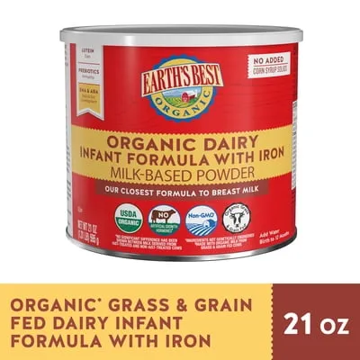 Earth's Best Organic Dairy Powder Baby Formula with Iron DHA & ARA, 21 oz Canister