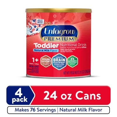 Enfagrow Premium Powder Toddler Nutritional Milk Drink, Supports Growth & Immune Health, Natural Milk Flavorr, 24 Oz, 4 Count
