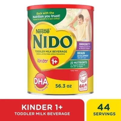 NIDO Kinder 1+ Powder Beverage Mix, Immunity Toddler Milk with Vitamins A, C, D, Iron to Support Growth, 56.3 oz Canister