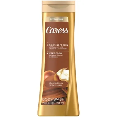 Caress Shea Butter & Brown Sugar Body Wash, Exfoliating & Moisturizing, Hyaluronic Acid, 20 oz