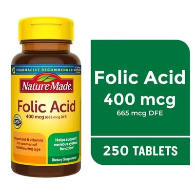 Nature Made Folic Acid 400 mcg (665 mcg DFE) Tablets, Dietary Supplement, 250 Count