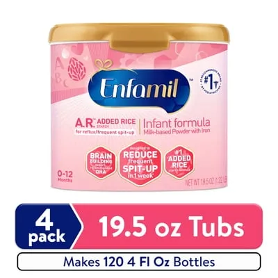 Enfamil A.R. Powder Baby Formula, Reduces Frequent Spit-Up, 19.5 oz Tub, 4 count