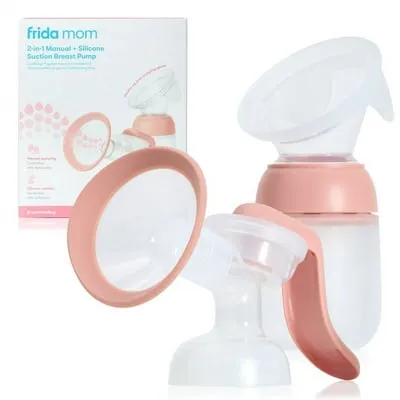 Frida Mom 2-in-1 Manual Breast Pump with Hands-Free Silicone Suction Cup, Milk Collector, Wireless Ergonomic Handle, and SoftFeel Flange for Breastfeeding