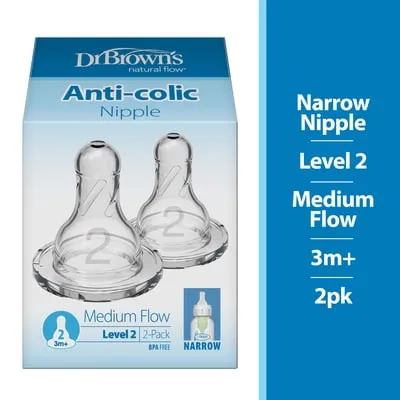 Dr. Brown's Natural Flow Level 2 Narrow Baby Bottle Nipple, Medium Flow, 3m+, 100% Silicone, 2-Pack