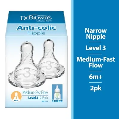 Dr. Brown's Natural Flow Level 3 Narrow Baby Bottle Silicone Nipple, Medium Flow, 3m+, 100% Silicone Bottle Nipple, 2-Pack