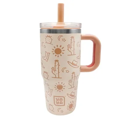 YAYA My First Travel Tumbler for Preschool & Kids 3+, Insulated Stainless Steel Tumbler with Reusable Silicone Straw & Spill-Proof Lid, Cup Holder Compatible, BPA-Free, 12oz, Western