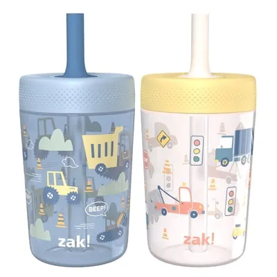 Zak Designs 12oz Construction Durable Plastic Capri Tumbler with Straw, 2 Pack