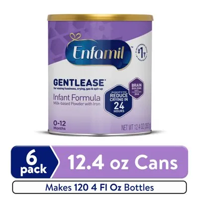 Enfamil Gentlease Easy to Digest Baby Formula for Easing Fussiness, Gas, Spit-up, 12.4 oz, Can, 6 count