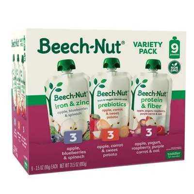 Beech-Nut Protein & Fiber, Iron & Zinc and Prebiotic Fiber Pouch Variety Pack, 3.5 oz Pouch (9 Pack)