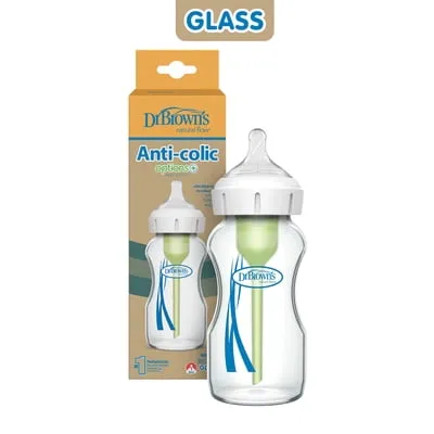 Dr. Brown's Anti-Colic Options+ Wide-Neck Glass Baby Bottle, 9 oz, Level 1 Slow Flow Nipple, 1-Pack