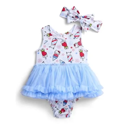 Hello Kitty & Friends Baby Girls Sleeveless Allover Print Tutu Dress with Matching Bow Headband, Sizes 0/3M-24M