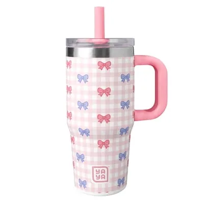 YAYA My First Travel Tumbler for Preschool & Kids 3+, Insulated Stainless Steel Tumbler with Reusable Silicone Straw & Spill-Proof Lid, Cup Holder Compatible, BPA-Free, 12oz, Plaid Bows