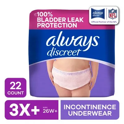 Always Discreet, Adult Diapers for Women, Maximum Incontinence and Postpartum Underwear 3X+, 22 Count