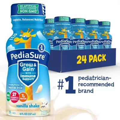 PediaSure Grow & Gain with Immune Support, 7g Protein, Vanilla, 8-fl-oz Bottle, Pack of 24