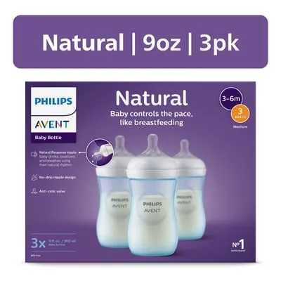 Philips Avent Natural Baby Bottles with Natural Response Nipples (Medium Flow, Flow 3), 9oz, Blue, 3-Pack, SCY903/23