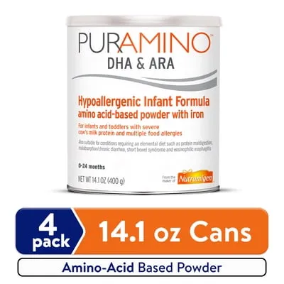 PurAmino Hypoallergenic Infant Drink, for Severe Food Allergies, Omega-3 DHA, Iron, Immune Support, 14.1 Oz Can, 4 Count