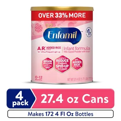 Enfamil A.R. Powder Baby Formula, Designed to Reduce Frequent Spit-up in 1 Week, 27.4 oz Can, 4 Count