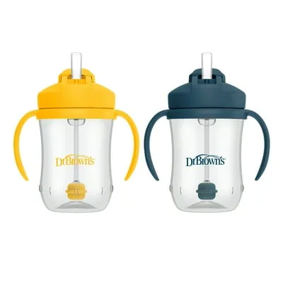 Dr. Brown’s Milestones Baby’s First Straw Cup, Training Cup with Weighted Straw, 9oz/270ml, 2 Pack, Dark Blue & Vintage Yellow, 6m+
