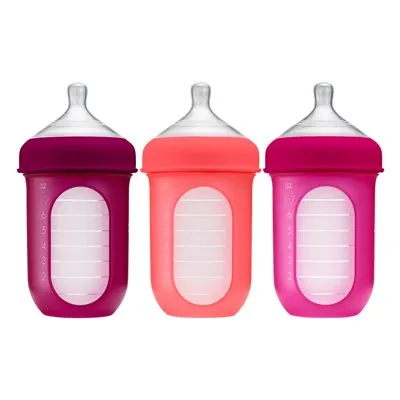 Boon Nursh Reusable Silicone Pouch Baby Bottle, Air-Free Feeding, Pink Multi Pack, 8 Oz, 3 Pk