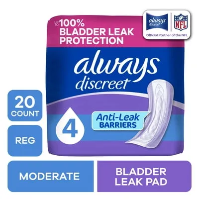 Always Discreet Adult Incontinence Pads for Women, Moderate Absorbency, Regular Length, Postpartum Pads, 20 CT