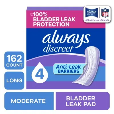 Always Discreet Adult Incontinence Pads for Women, Moderate Absorbency, Long Length, Postpartum Pads, 162 Count