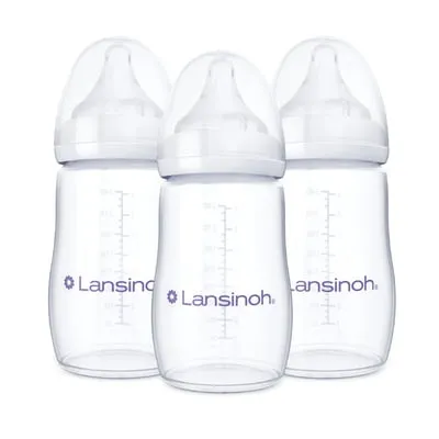 Lansinoh Anti-Colic Baby Bottles, BPA-Free Plastic, 8oz, 3pk, Medium Flow Nipples (Size M), Breastfeeding Bottle, NaturalWave Design, Baby Essentials