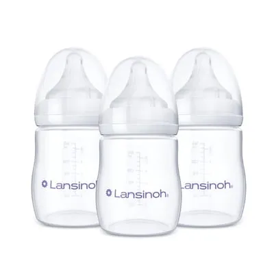 Lansinoh Anti-Colic Baby Bottles, BPA-Free Plastic, 5oz, 3pk, Slow Flow Nipples (Size S), Breastfeeding Bottle, NaturalWave Design, Baby Essentials