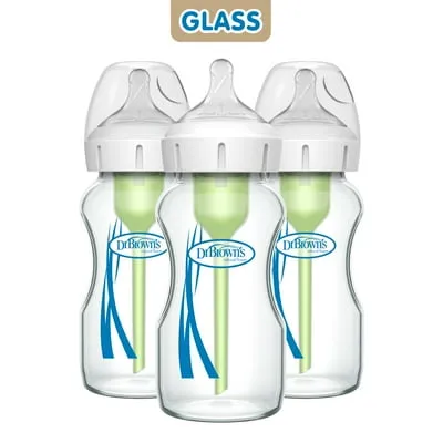 Dr. Brown's Natural Flow Anti-Colic Options+ Wide-Neck Glass Baby Bottle, 9oz, 0m+, 3 Pack