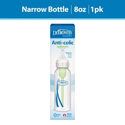 Dr. Brown's Anti-Colic Options+ Narrow Baby Bottle, 8oz/250ml, with Level 1 Slow Flow Nipple