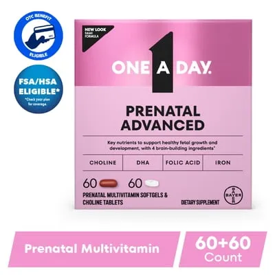 One A Day Prenatal Advanced, Prenatal Vitamins with Folic Acid, Pregnancy Vitamins for Women, 60+60 Count