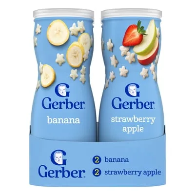 Gerber Baby Snack Puffs, Grain & Grow Puffs, Banana & Apple Strawberry, Variety Pack, 1.48 oz Canisters (4 Pack)