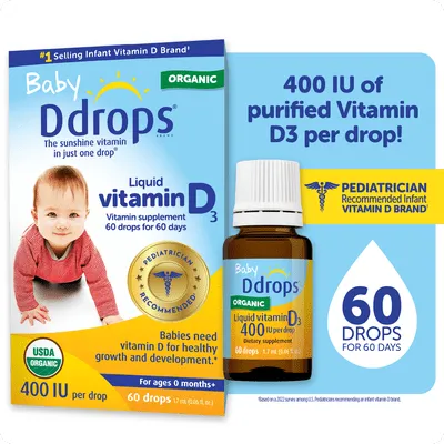 Baby Ddrops Liquid Organic Vitamin D3 Supplement Drops, 400 IU per Drop, 0.06 fl oz