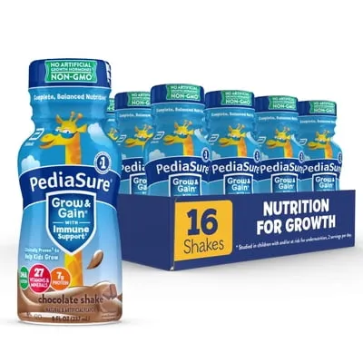 PediaSure Grow & Gain with Immune Support, 7g Protein, Chocolate, 8-fl-oz Bottle, Pack of 16