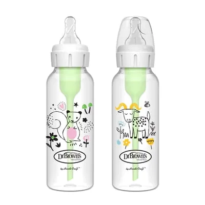 Dr. Brown's Natural Flow Anti-Colic Options+ Narrow Baby Bottle, Squirrel/Goat, 8oz/250ml, 0m+, 2 Pack