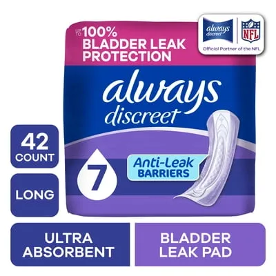 Always Discreet Adult Incontinence Pads for Women, Ultimate Extra Absorbency, Long Length, Postpartum Pads, 42 Count