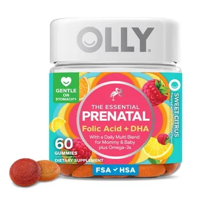 OLLY Prenatal Multivitamin Gummy Supplement, Folic Acid, Omega 3 DHA, 60 Count