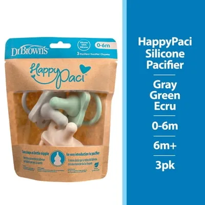 Dr. Brown's HappyPaci 100% Silicone Pacifier 0-6m, BPA Free, Cool Gray, Green, Ecru, 3 Pack