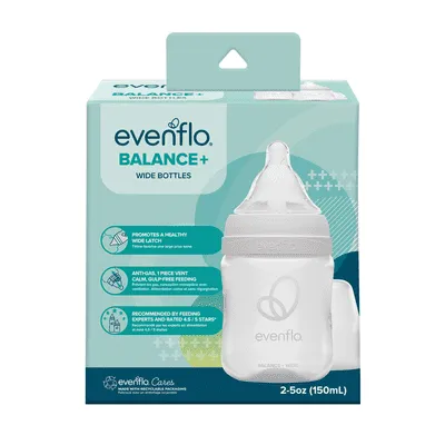 Evenflo Balance+ Wide Neck Baby Bottles, Clear/White, 5oz, 2-Pack