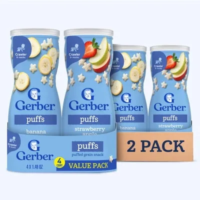 Gerber Snacks for Baby Grain & Grow Puffs, Banana & Apple Strawberry Variety Pack, 1.48 oz Canister (8 Pack)